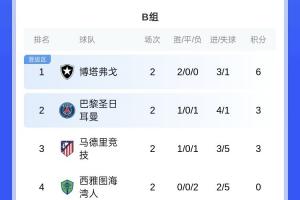 世俱杯B组：博塔弗戈领跑，巴黎跌至第二，末轮马竞陷绝境！